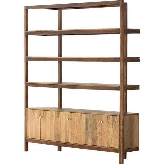 001 SI-1977719 | Primary Silo | Reza Wide Bookcase by Four Hands in smoked honey, raw brass, toasted acacia. Made from solid acacia, solid parawood in a modern style.