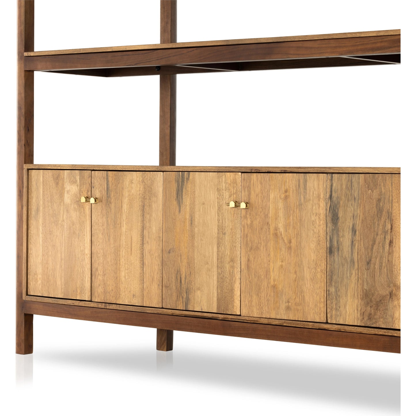 011 SI-1977719 | Additional Silo | Reza Wide Bookcase by Four Hands in smoked honey, raw brass, toasted acacia. Made from solid acacia, solid parawood in a modern style.