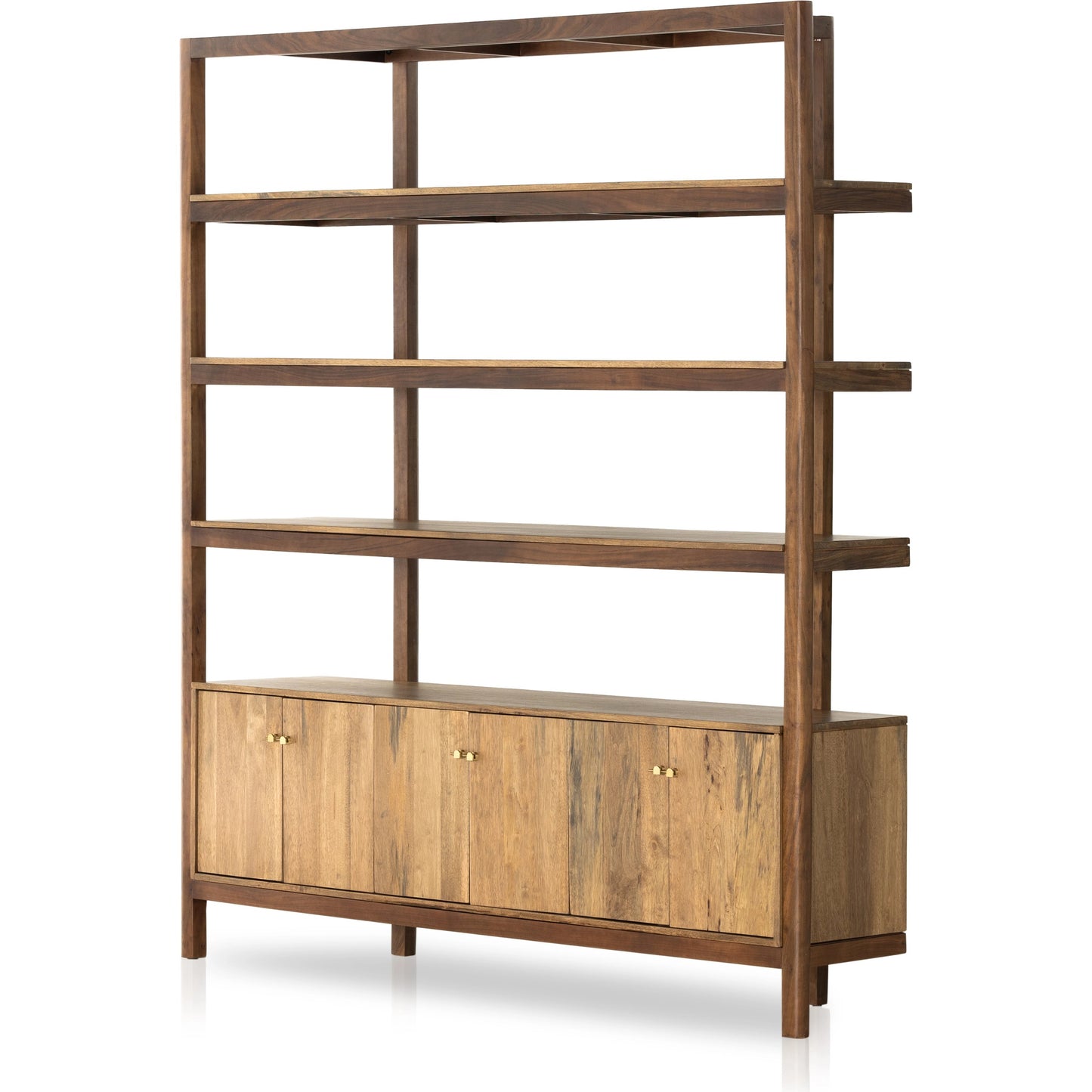 001 SI-1977719 | Additional Silo | Reza Wide Bookcase by Four Hands in smoked honey, raw brass, toasted acacia. Made from solid acacia, solid parawood in a modern style.