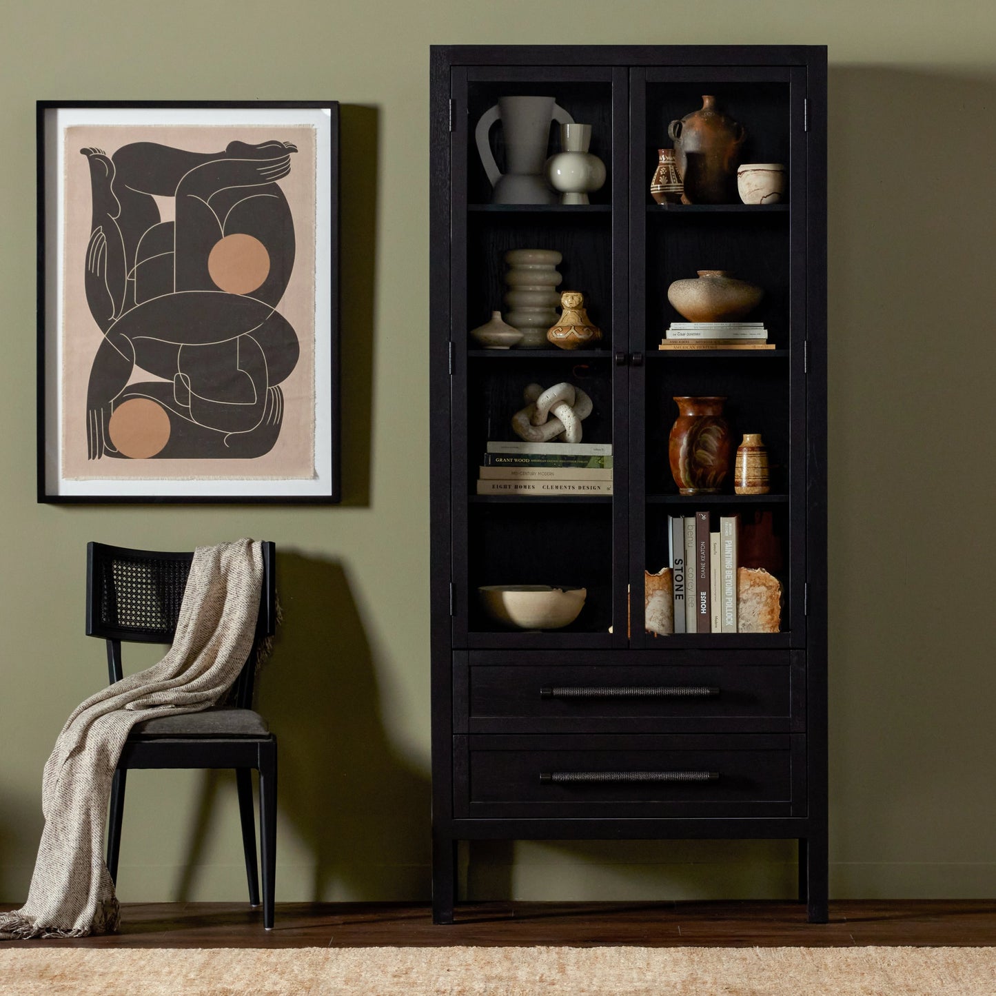 011 SI-1977460 | Lifestyle | Laker Cabinet by Four Hands in black oak. Made from solid oak, rush, oak veneer in a cottage & farmhouse style.