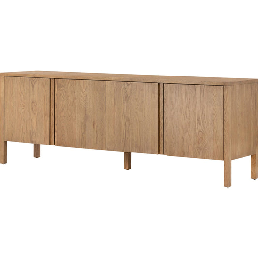 Riggs Media Console by Four Hands in amber oak. Made from solid oak in a transitional style.