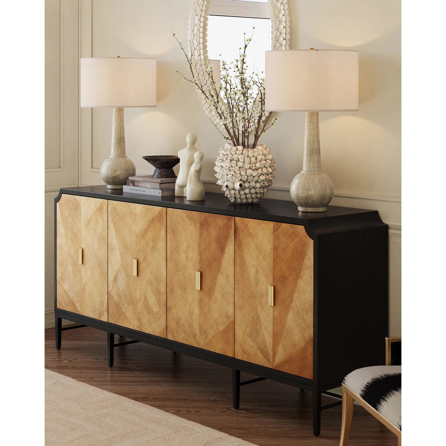 010 SI-2133973 | Lifestyle | Kallista Credenza by Currey and Company in taupe, caviar black, polished brass, black. Made from sycamore veneer, mahogany, engineered hardwood, brass, iron in a modern style.