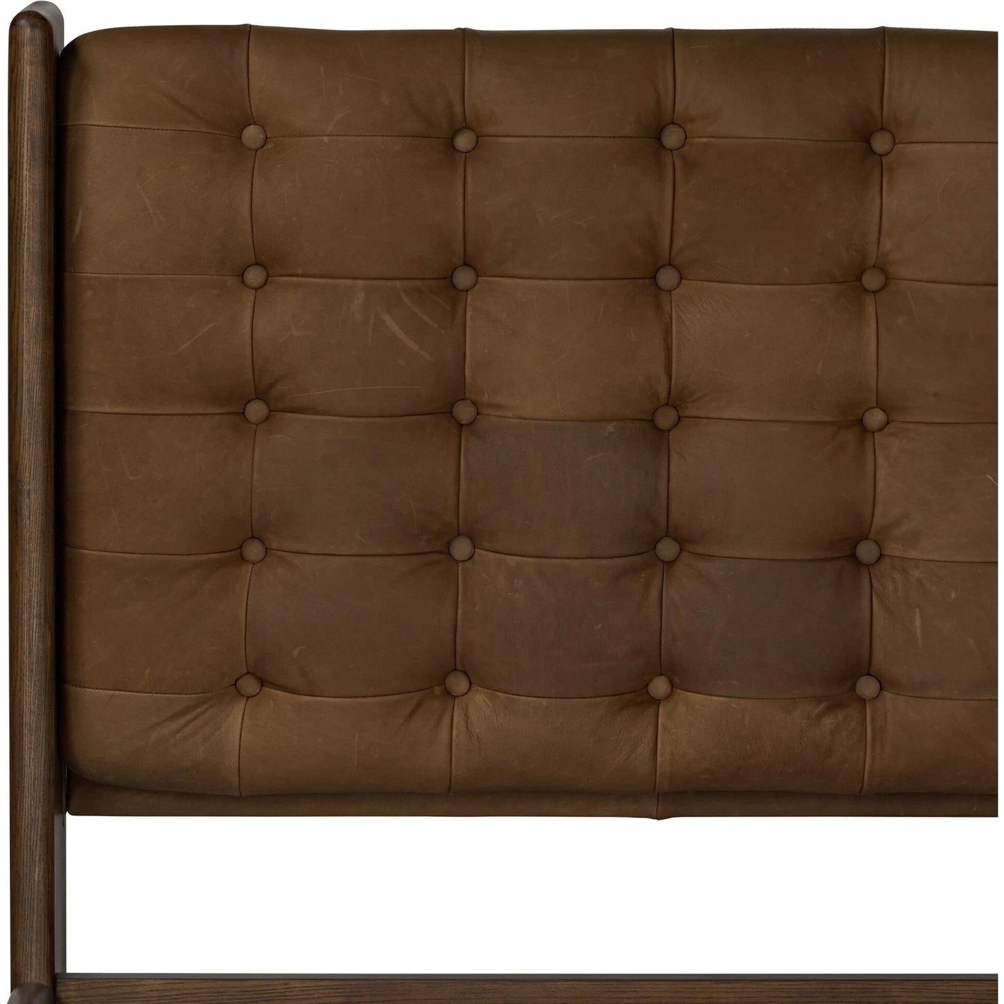 021 SI-2320085 | Closeup | Halston Bed by Four Hands in heirloom sienna, terra brown ash, terra brown ash veneer. Made from top grain leather, solid ash, ash veneer in a modern style.