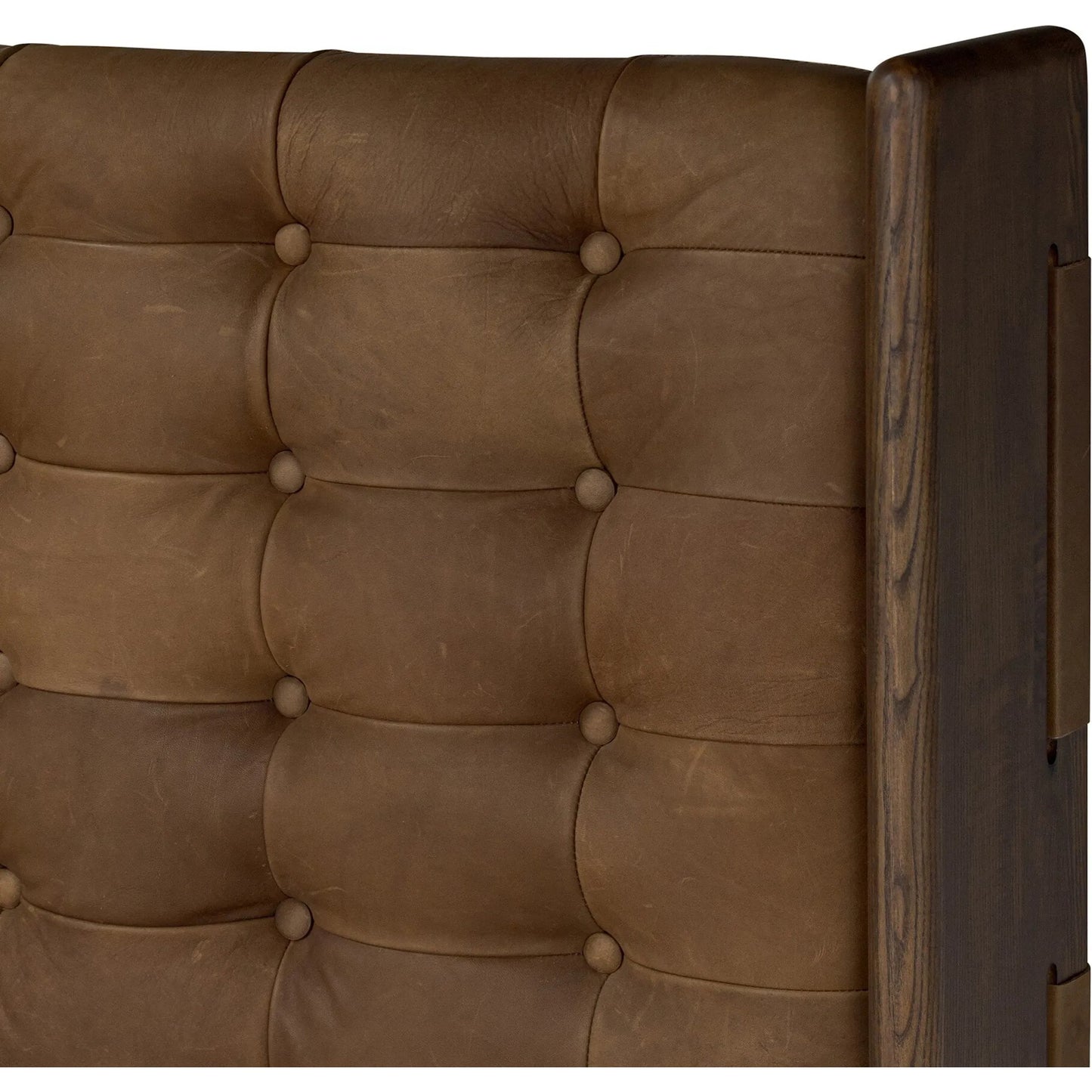022 SI-2320085 | Closeup | Halston Bed by Four Hands in heirloom sienna, terra brown ash, terra brown ash veneer. Made from top grain leather, solid ash, ash veneer in a modern style.