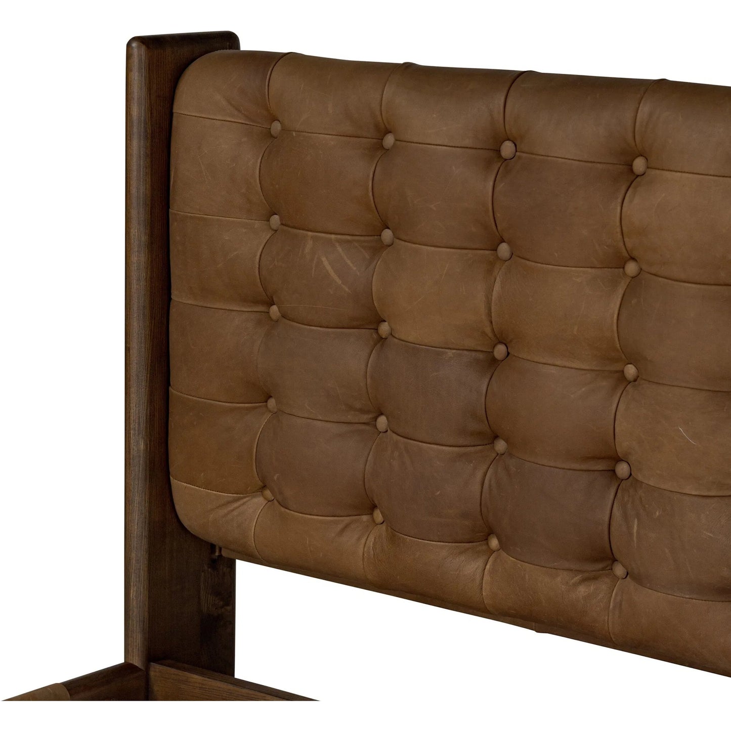 023 SI-2320085 | Closeup | Halston Bed by Four Hands in heirloom sienna, terra brown ash, terra brown ash veneer. Made from top grain leather, solid ash, ash veneer in a modern style.