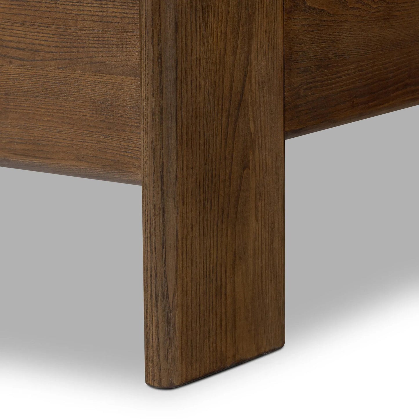 024 SI-2320085 | Closeup | Halston Bed by Four Hands in heirloom sienna, terra brown ash, terra brown ash veneer. Made from top grain leather, solid ash, ash veneer in a modern style.