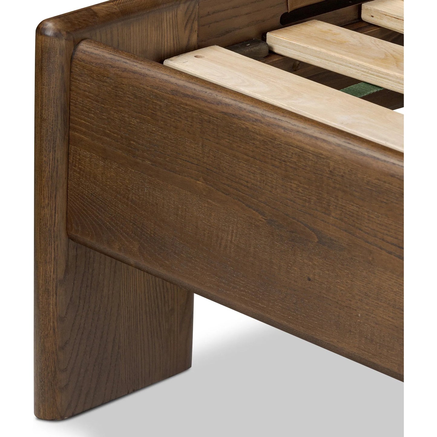 025 SI-2320085 | Closeup | Halston Bed by Four Hands in heirloom sienna, terra brown ash, terra brown ash veneer. Made from top grain leather, solid ash, ash veneer in a modern style.