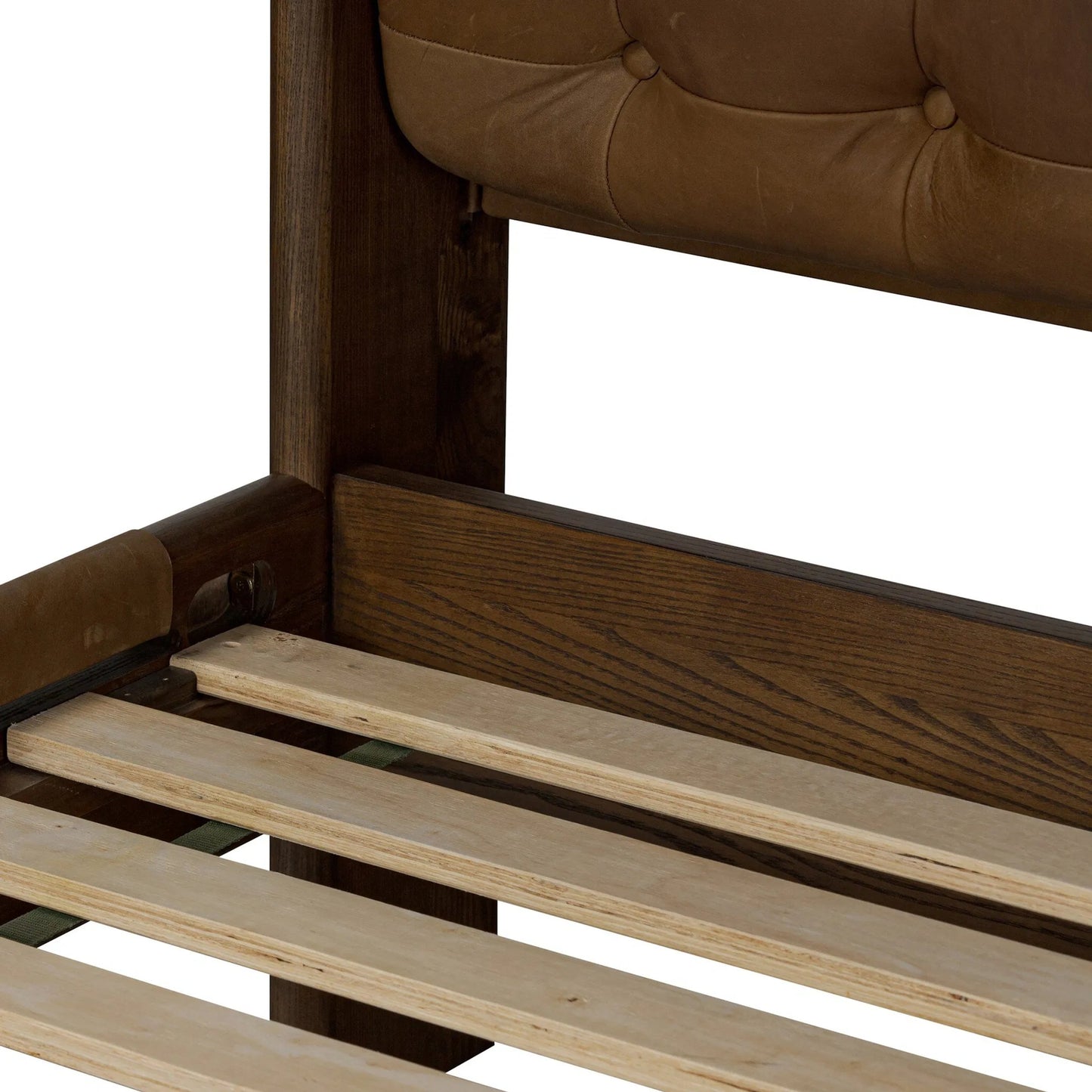 027 SI-2320085 | Closeup | Halston Bed by Four Hands in heirloom sienna, terra brown ash, terra brown ash veneer. Made from top grain leather, solid ash, ash veneer in a modern style.