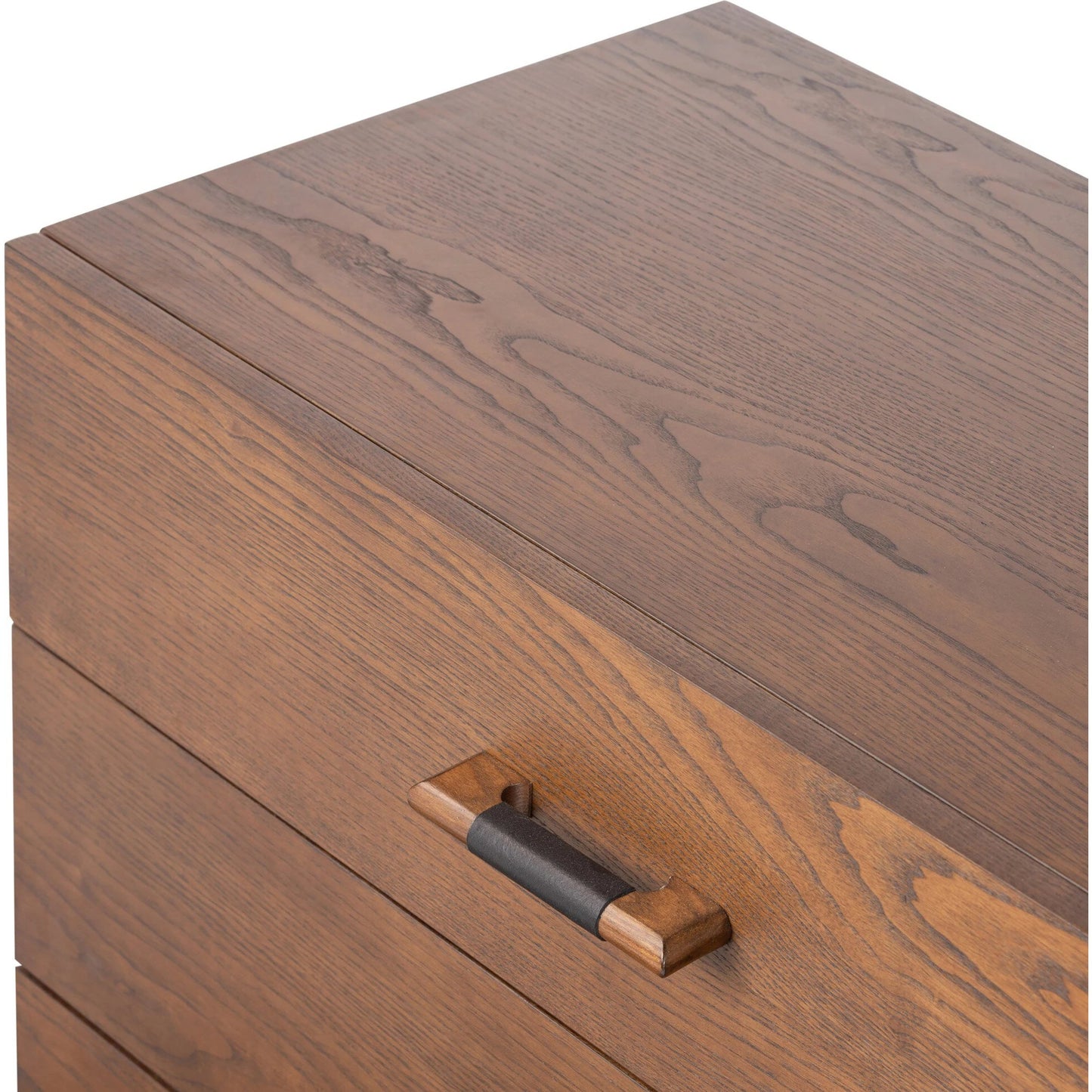 010 SI-2001419 | Closeup | Halston 6 Drawer Dresser by Four Hands in terra brown ash. Made from solid ash, ash veneer, top grain leather in a modern style.