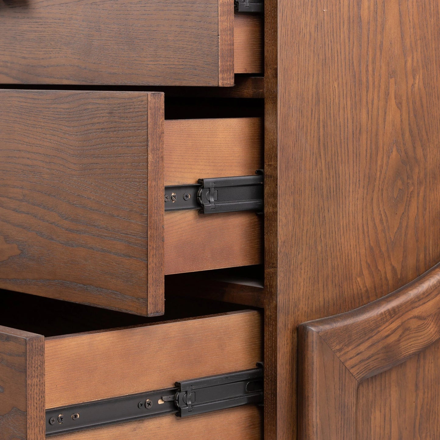 012 SI-2001419 | Closeup | Halston 6 Drawer Dresser by Four Hands in terra brown ash. Made from solid ash, ash veneer, top grain leather in a modern style.