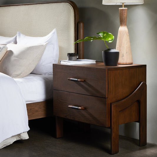 Halston Nightstand by Four Hands in terra brown ash. Made from ash veneer, top grain leather in a modern style.