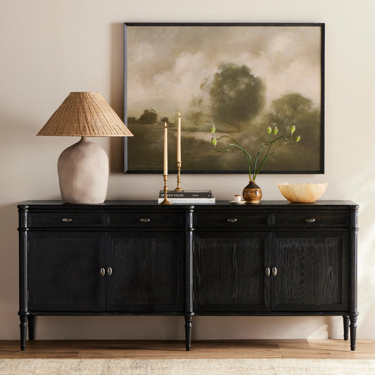 Toulouse Sideboard by Four Hands in distressed black. Made from oak veneer, solid oak, zinc alloy in a modern style.