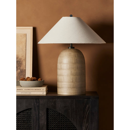 Brynner Table Lamp by Four Hands in dripping etched silver, antiqued iron. Made from glass, 100% cotton, iron in a transitional style.