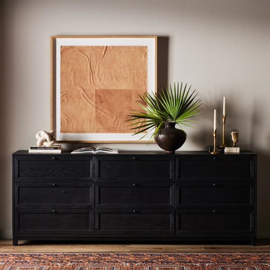 Millie 9 Drawer Dresser by Four Hands in drifted matte black veneer, drifted matte black rubberwood. Made from oak veneer, solid parawood, iron in a modern style.