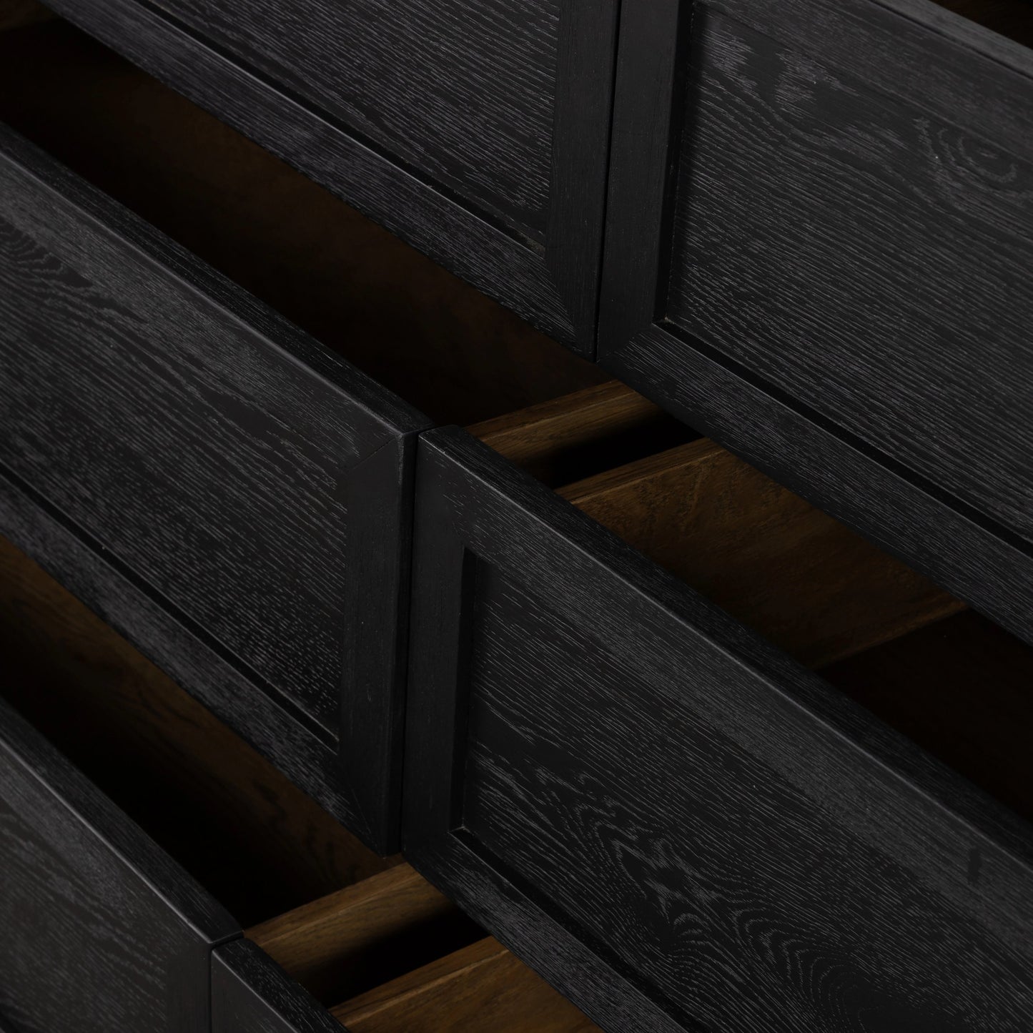 011 SI-2001640 | Additional Silo | Millie 6 Drawer Dresser by Four Hands in drifted matte black. Made from oak veneer, solid parawood, iron in a modern style.