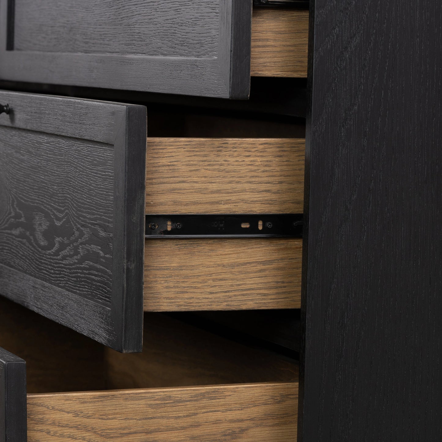 012 SI-2001640 | Additional Silo | Millie 6 Drawer Dresser by Four Hands in drifted matte black. Made from oak veneer, solid parawood, iron in a modern style.