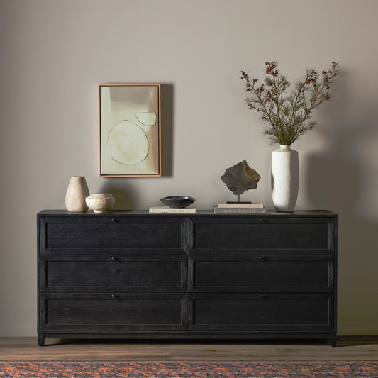 Millie 6 Drawer Dresser by Four Hands in drifted matte black veneer, drifted matte black rubberwood. Made from oak veneer, solid parawood, iron in a modern style.