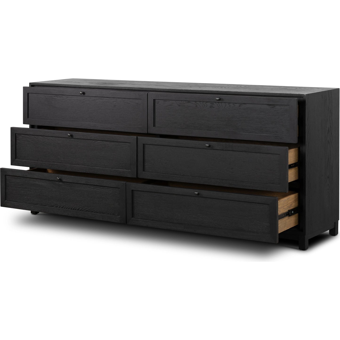 003 SI-2001640 | Additional Silo | Millie 6 Drawer Dresser by Four Hands in drifted matte black. Made from oak veneer, solid parawood, iron in a modern style.