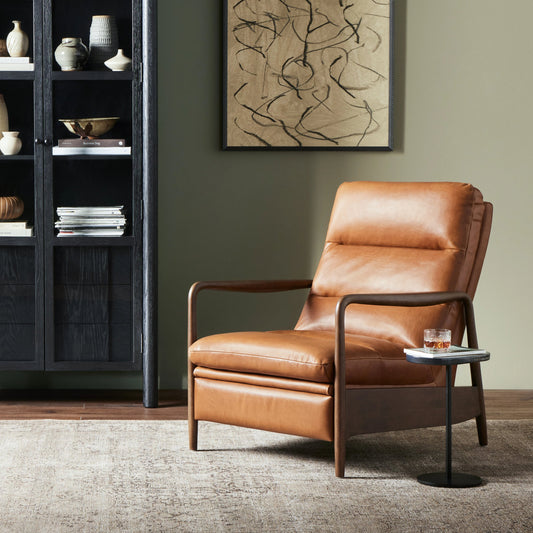 Rhodes Recliner by Four Hands in dakota tobacco and almond. Made from top grain leather, solid parawood, 100% polyester in a modern style.