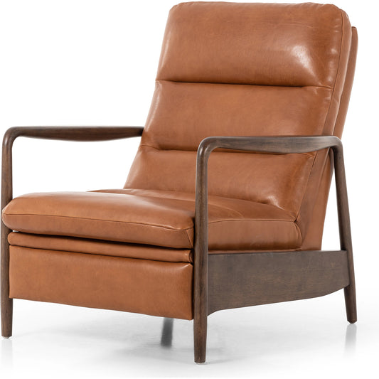 Rhodes Recliner by Four Hands in dakota tobacco and almond. Made from top grain leather, solid parawood, 100% polyester in a modern style.