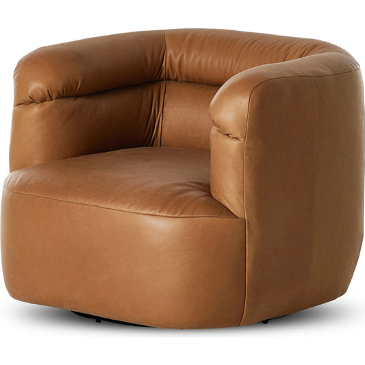 Gerrie Swivel Chair by Four Hands in brickhouse butterscotch. Made from top grain leather in a traditional style.