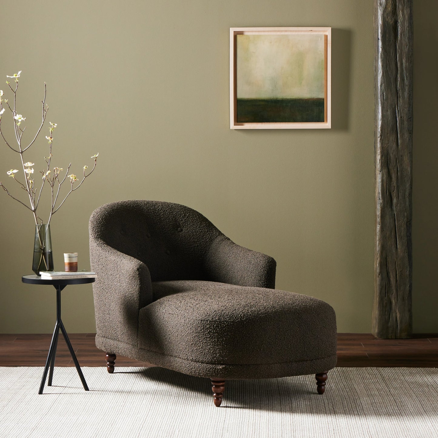 021 SI-2001620 | Lifestyle | Marnie Chaise Lounge by Four Hands in knoll mink. Made from 95% polyester, 5% acrylic, solid rosa morada, pine plywood in a modern style.