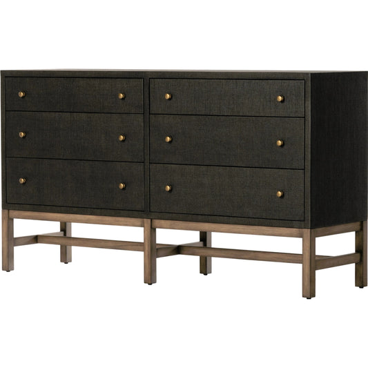 001 SI-2001310 | Primary Silo | Fiona 6 Drawer Dresser by Four Hands in black raffia, russet mahogany, light antique brass. Made from solid mahogany, sugar palm, iron in a modern style.