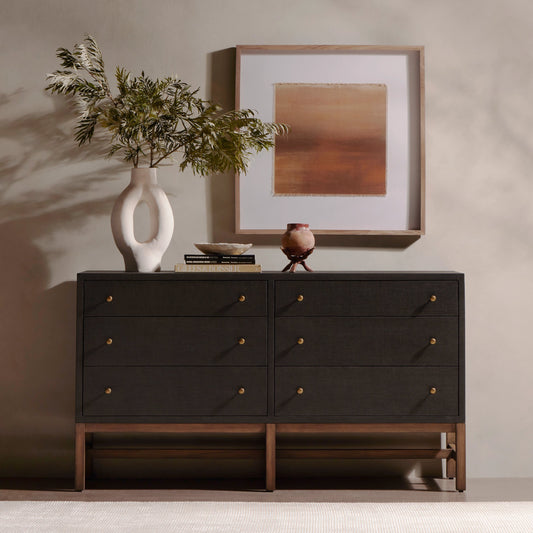 Fiona 6 Drawer Dresser by Four Hands in black raffia. Made from solid mahogany, sugar palm, iron in a modern style.