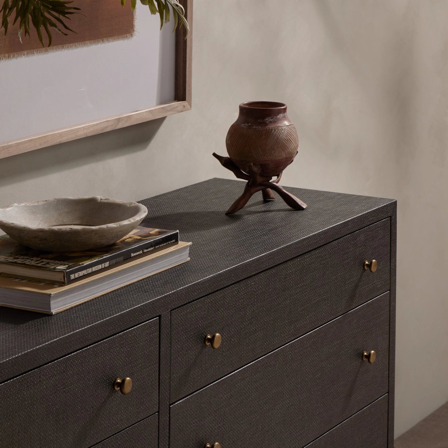 019 SI-2001310 | Lifestyle | Fiona 6 Drawer Dresser by Four Hands in black raffia. Made from solid mahogany, sugar palm, iron in a modern style.