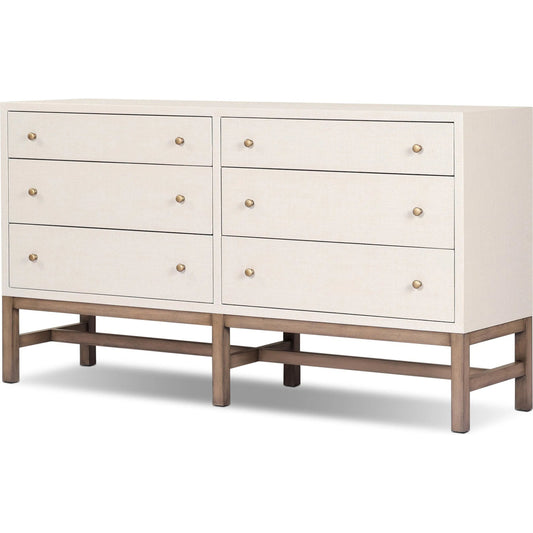 001 SI-2519171 | Primary Silo | Fiona 6 Drawer Dresser by Four Hands in ivory painted raffia, russet mahogany, light antique brass. Made from sugar palm, solid mahogany, steel in a transitional style.
