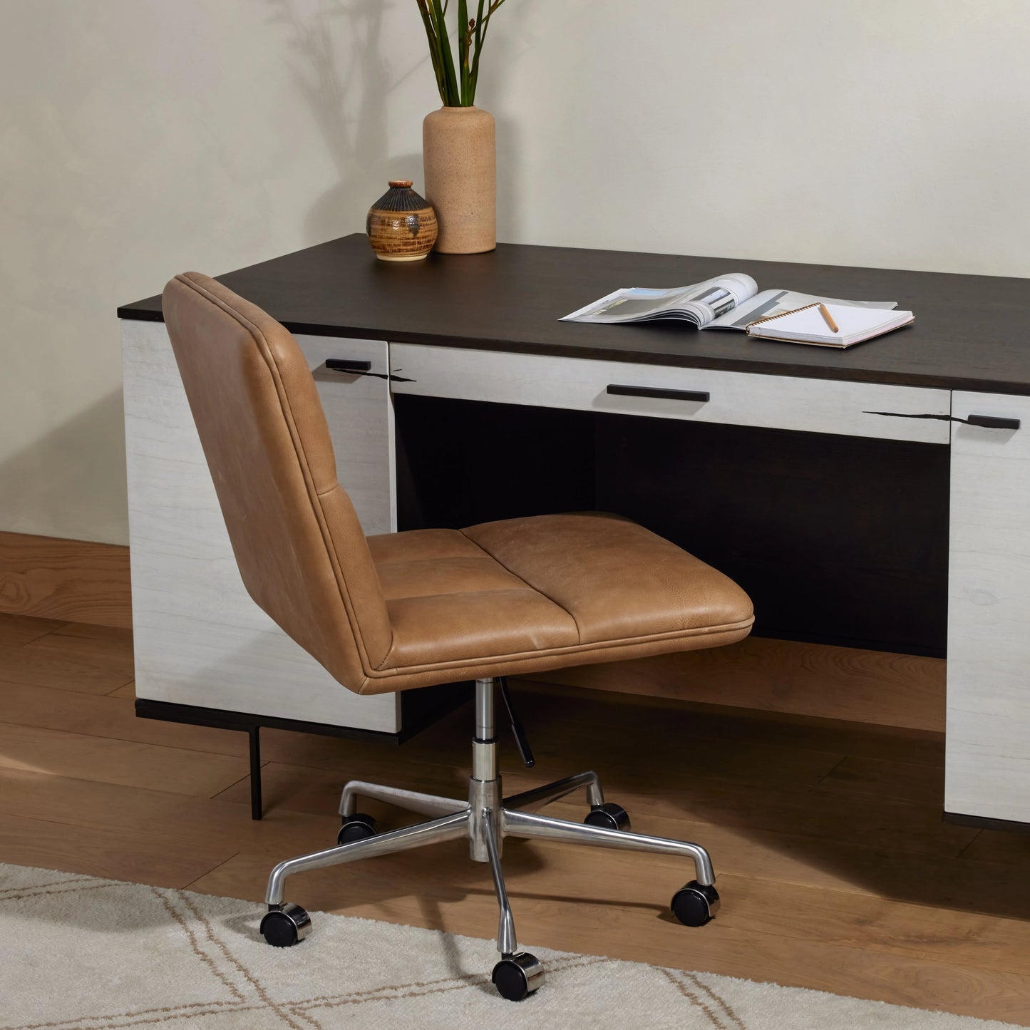003 SI-1977766 | Lifestyle | Sal Desk Chair by Four Hands in palermo drift. Made from top grain leather, aluminum, 100% polyester in a modern style.
