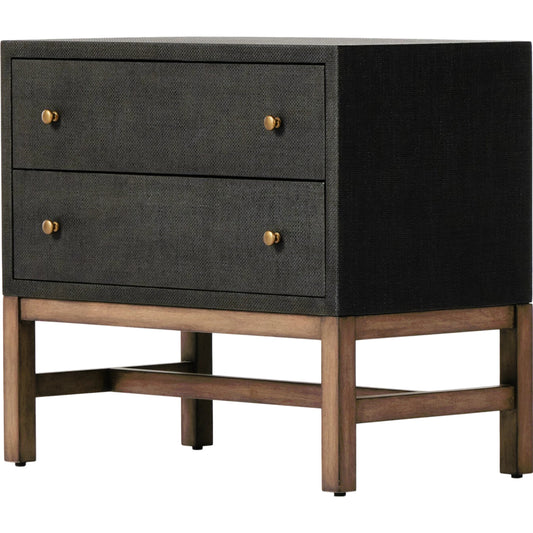 Fiona Nightstand by Four Hands in black raffia. Made from sugar palm, solid mahogany, iron in a modern style.