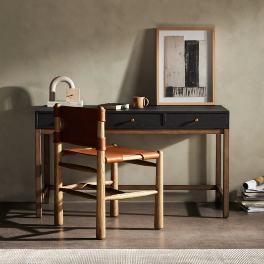 Fiona Desk by Four Hands in black raffia. Made from sugar palm, solid mahogany, iron in a modern style.