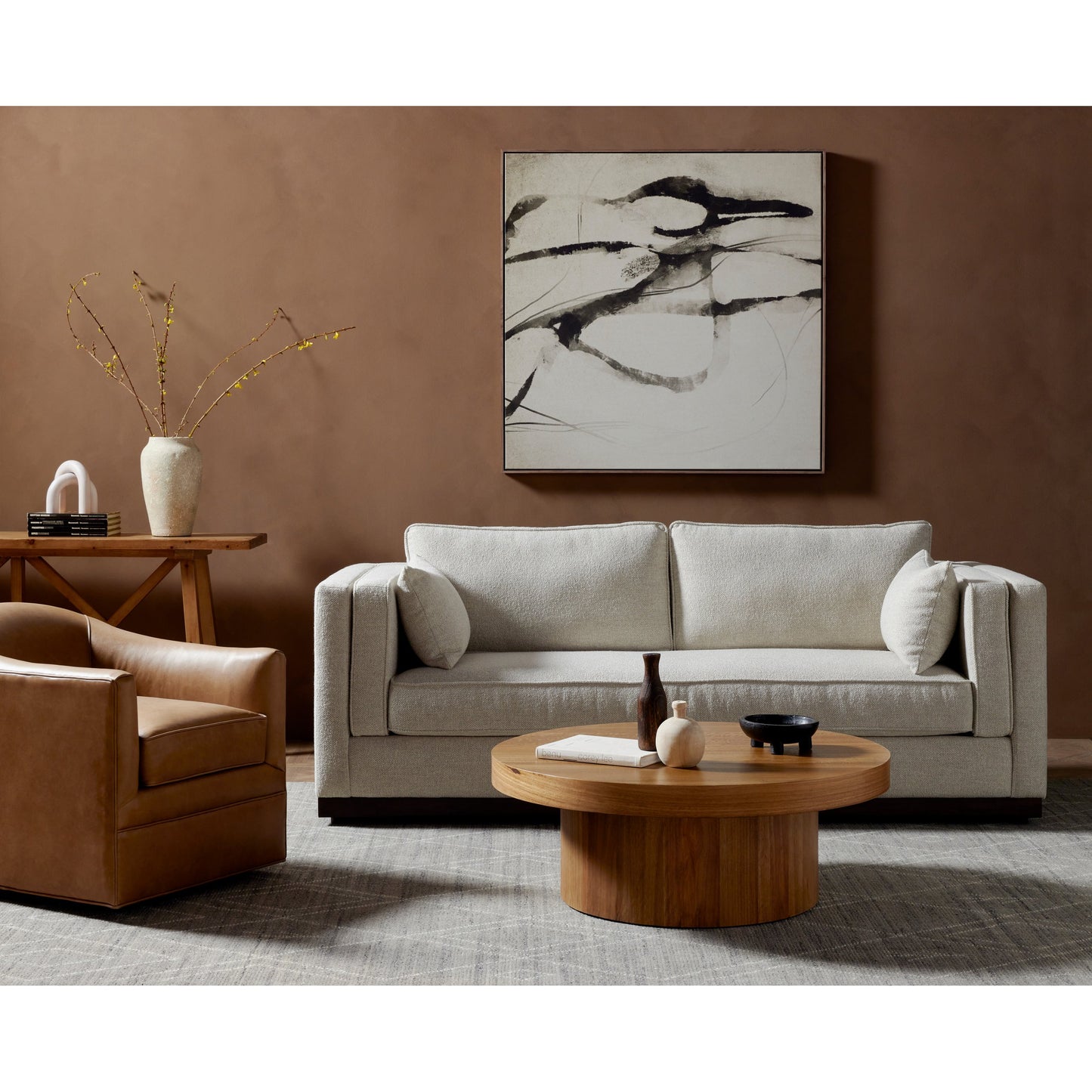 002 SI-1902534 | Lifestyle | Lawrence Sofa by Four Hands in nova taupe, dark auburn. Made from 100% polyester, solid rosa morada, pine plywood in a transitional style.