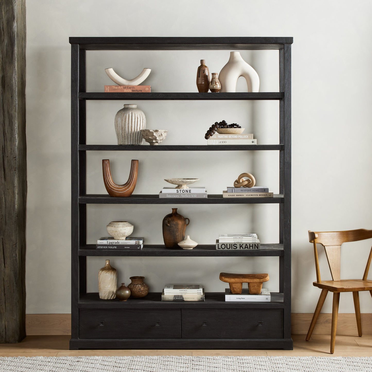 011 SI-1902932 | Lifestyle | Woodmore Bookcase by Four Hands in dark totem, black iron and dark totem. Made from solid mixed reclaimed wood, iron in a transitional style.