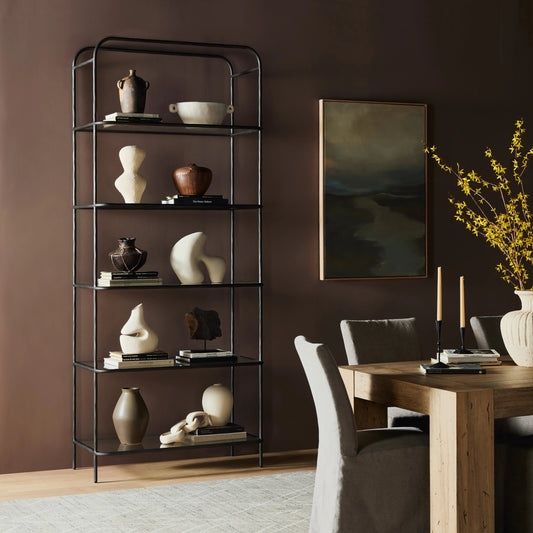 Swinton Bookcase by Four Hands in hammered gunmetal. Made from iron, glass in a modern style.