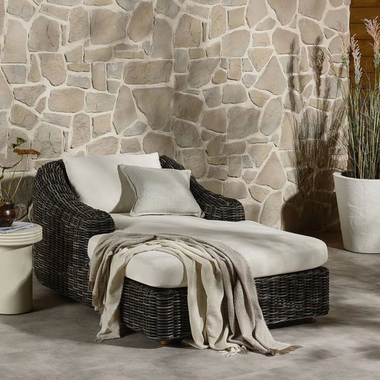 Messina Outdoor Chaise Lounge by Four Hands in venao ivory, natural teak-fsc, chunky charcoal woven. Made from 100% olefin, solid fsc®-certified teak, 100% polyethylene in a modern style.