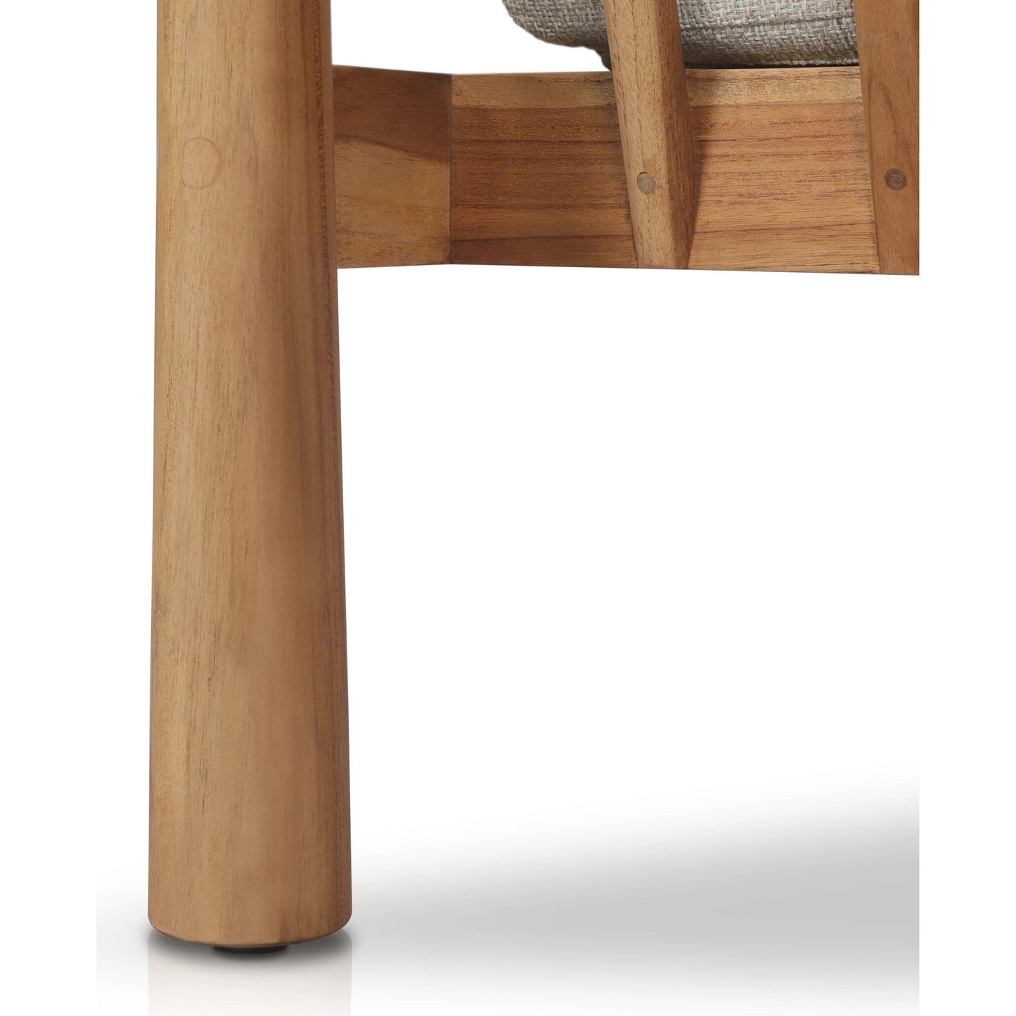 011 SI-2137394 | Closeup | Irvine Outdoor Sofa by Four Hands in hayes cream and natural teak. Made from 100% olefin, solid teak, 59% polyurethane foam, 30% polyester fiber, 11% polyester fiber batting in a modern style.