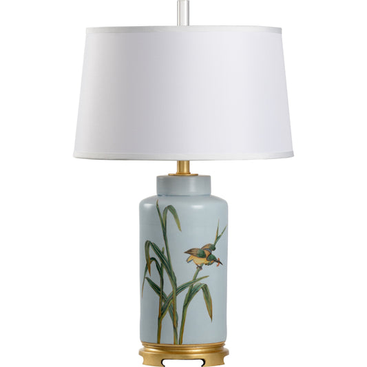 Song Bird Lamp by Wildwood in hand painted, gold leaf. Made from porcelain in a transitional style.