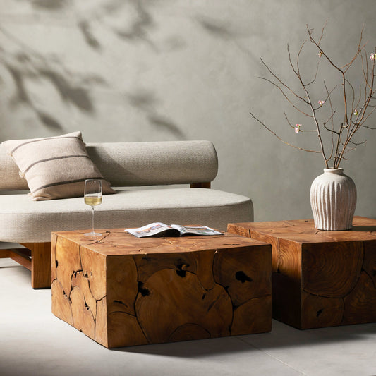 Tomlin Outdoor Bunching Table by Four Hands in teak root. Made from solid teak in a modern style.