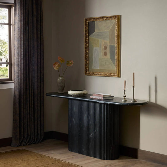 Oranda Console Table by Four Hands in black marble, black scalloped marble. Made from solid marble in a unique style.