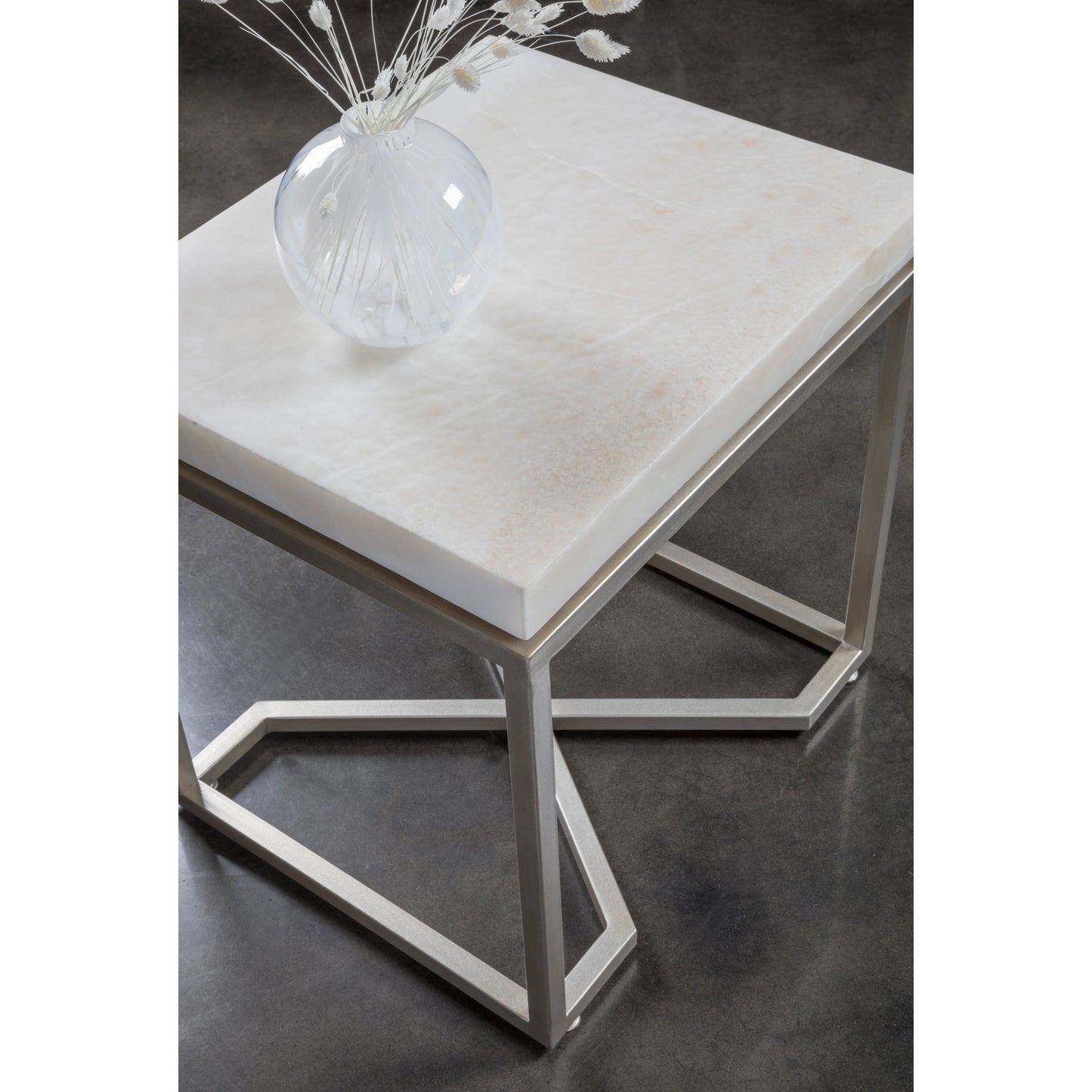 003 SI-2136950 | Closeup | Vara Rectangular End Table by Artistica Home in champagne silver leaf. Made from unique in a modern style.