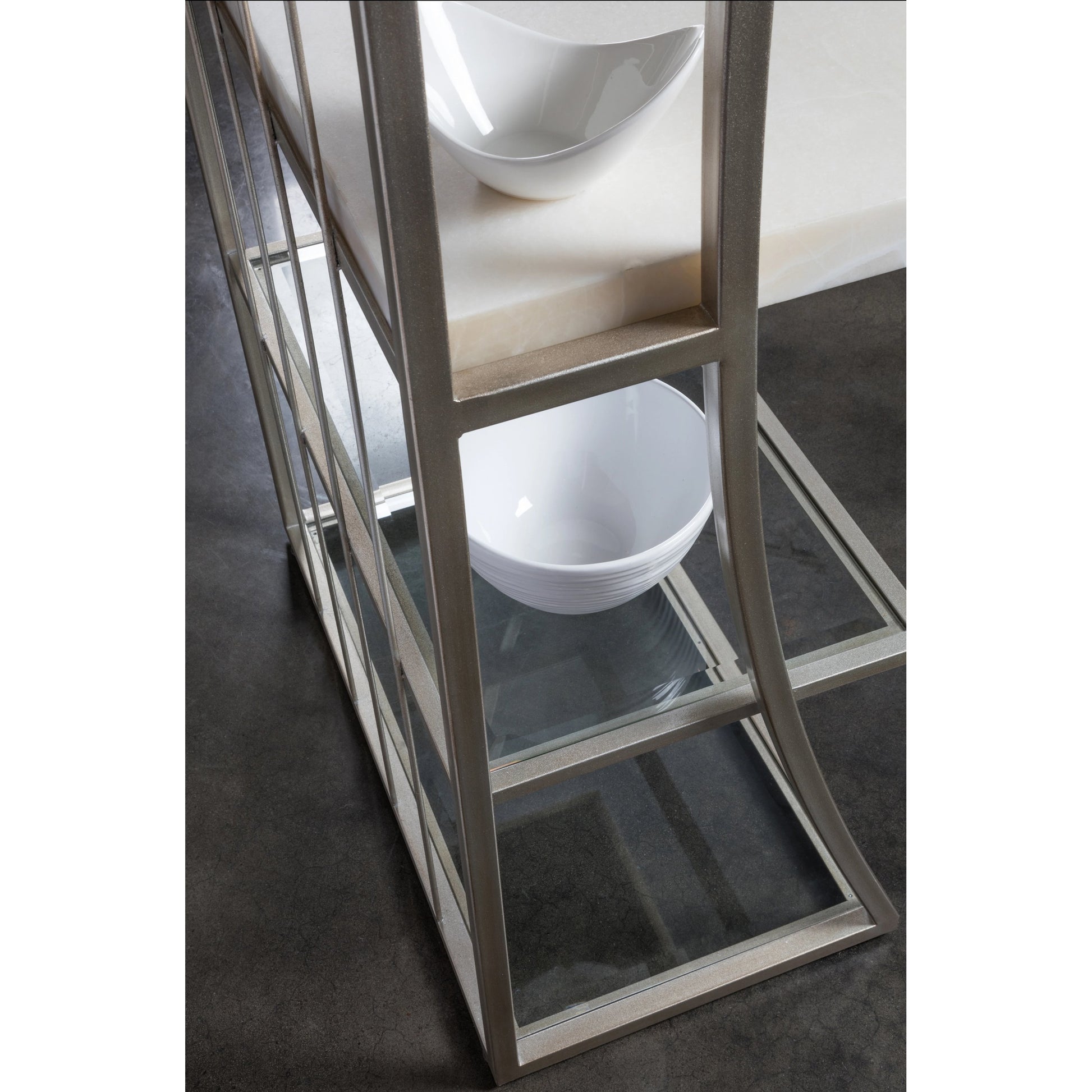Vara Etagere by Artistica Home in champagne silver leaf. Made from unique in a modern style.