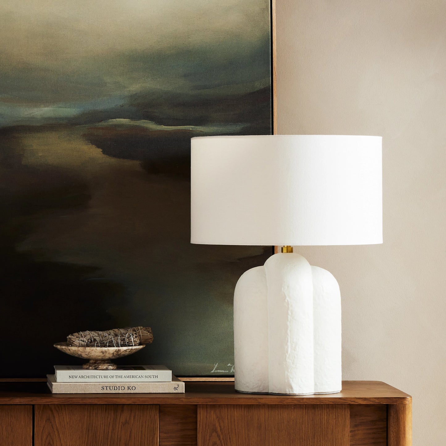 006 SI-1977453 | Lifestyle | Koa Table Lamp by Four Hands in adobe textured concrete, antique brass. Made from concrete, 100% flax, linen, thermoplastic in a modern style.