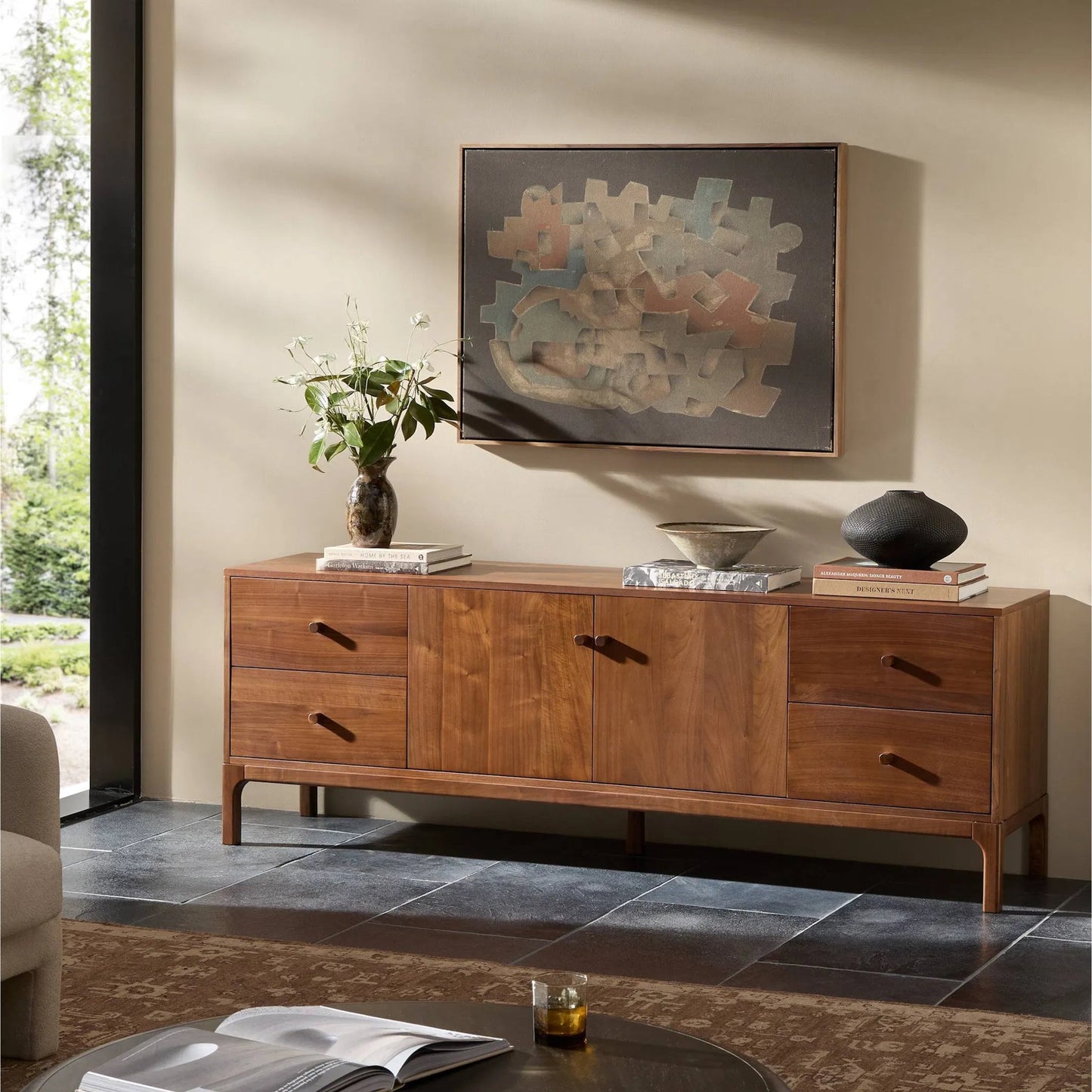 017 SI-2158047 | Lifestyle | Arturo Media Console by Four Hands in natural walnut veneer. Made from walnut veneer in a modern style.