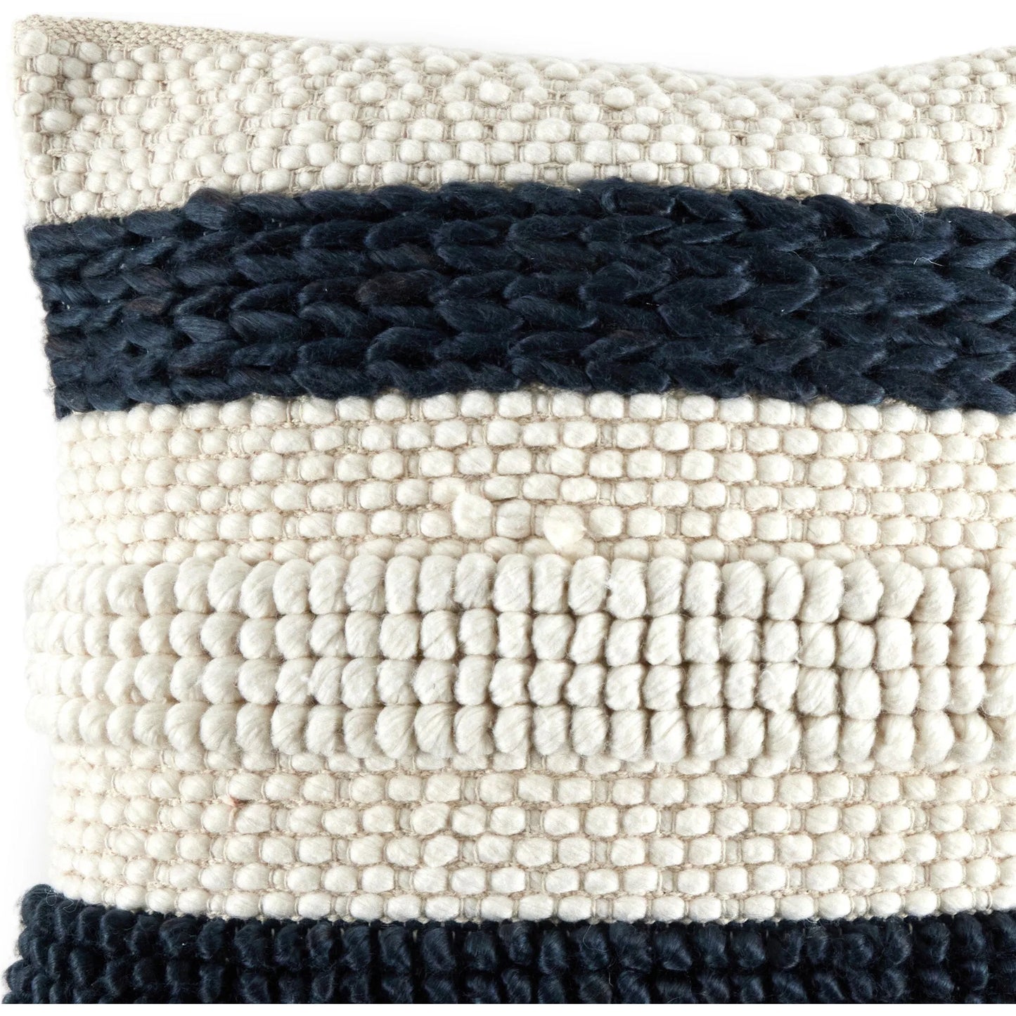 003 SI-2257067 | Closeup | Textured Stripe Pillow by Four Hands in navy, natural, cream backing. Made from 60% wool, 30% cotton, 10% viscose, 100% cotton, 100% polyester fiber in a unique style.