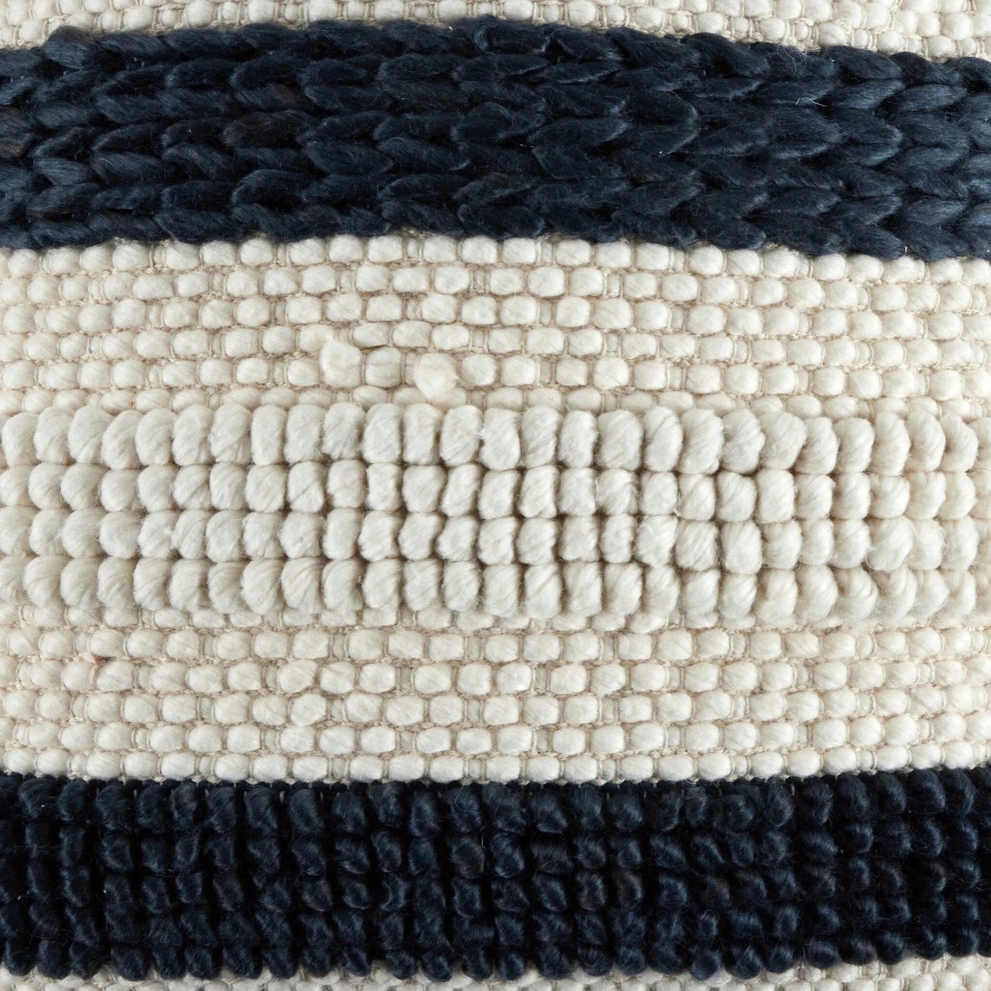 004 SI-2257067 | Closeup | Textured Stripe Pillow by Four Hands in navy, natural, cream backing. Made from 60% wool, 30% cotton, 10% viscose, 100% cotton, 100% polyester fiber in a unique style.