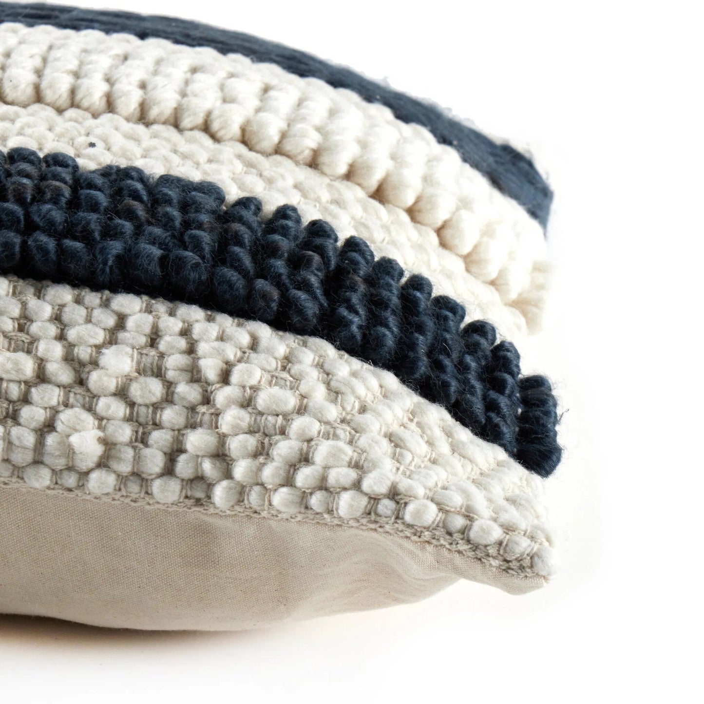 006 SI-2257067 | Closeup | Textured Stripe Pillow by Four Hands in navy, natural, cream backing. Made from 60% wool, 30% cotton, 10% viscose, 100% cotton, 100% polyester fiber in a unique style.