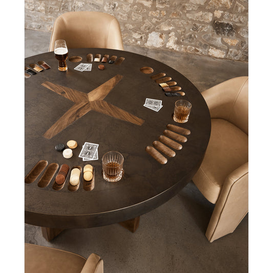 Poker Table by Four Hands in natural brown guanacaste, aged metal. Made from thick guanacaste veneer, iron in a modern style.