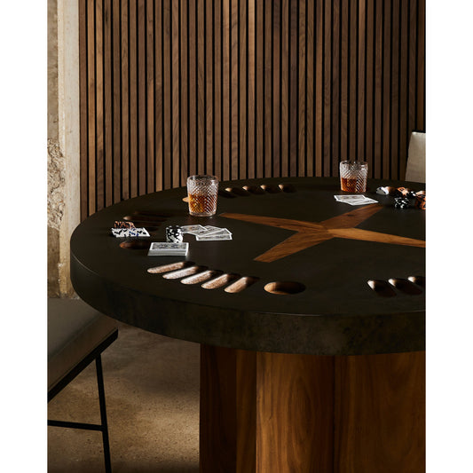 Poker Table by Four Hands in natural brown guanacaste, aged metal. Made from thick guanacaste veneer, iron in a modern style.